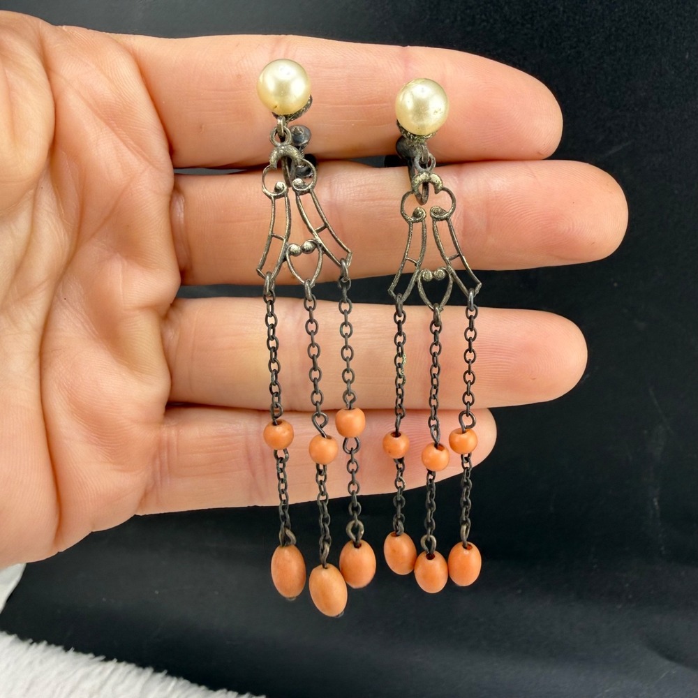 Vintage Estate Earrings Silver Tone Art Deco Dangle Screw Back Faux Pearl Orange
